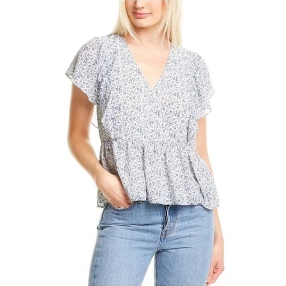 Floral Peplum V-Neck Blouse - Light Blue